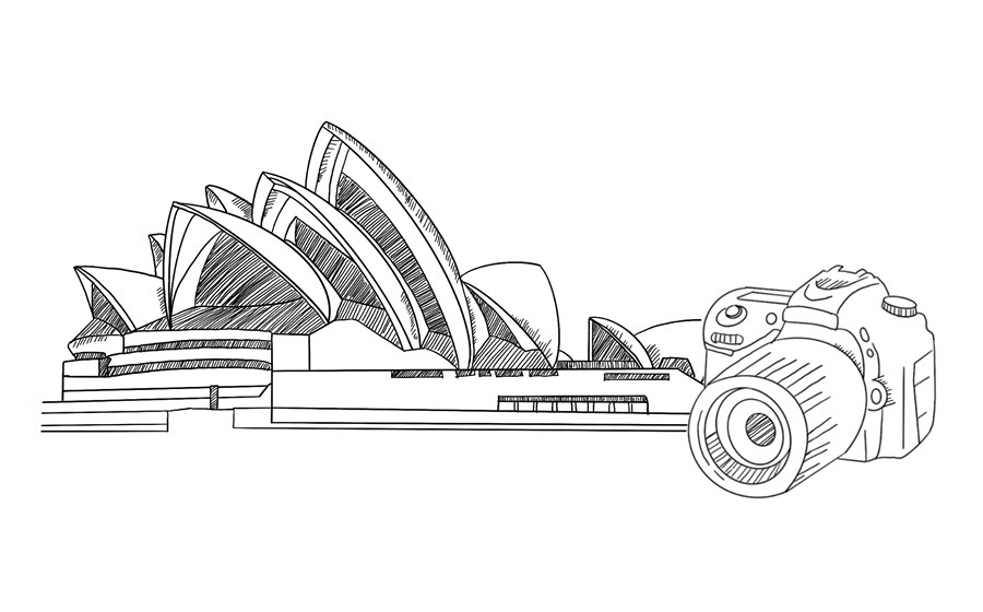 Illutration, die das Opernhaus in Sydney und eine daneben liegende Kamera zeigt.